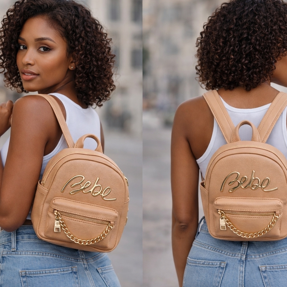 #3000 Bebe Mini Backpack Tan Faux Leather Gold Logo Chain Pocket NWT